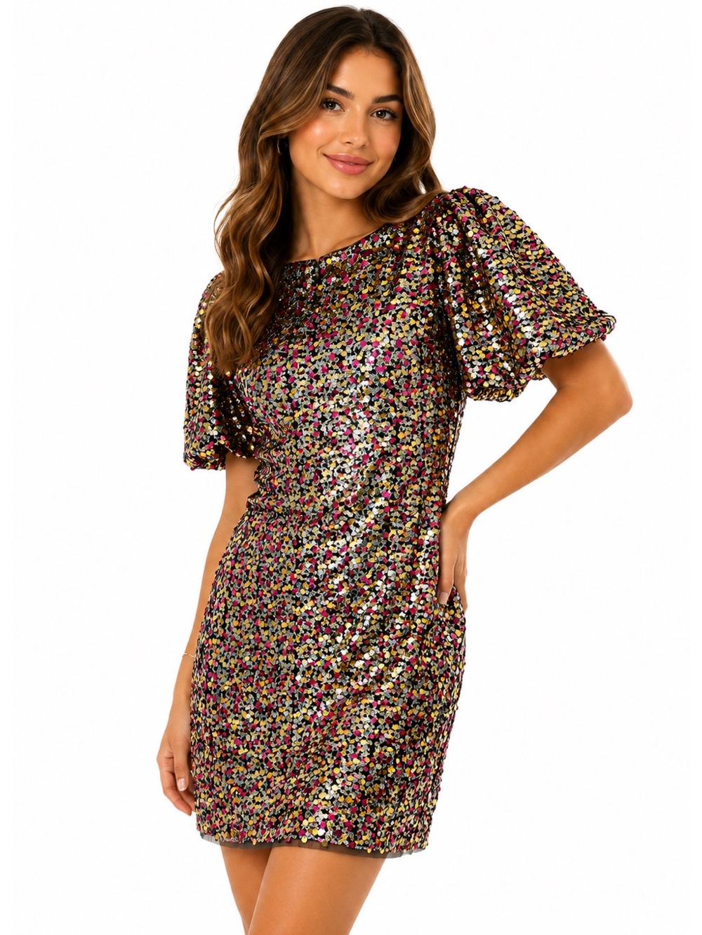 Eliza J NWT Multicolor Sequin Puff Sleeve Mini Shift Cocktail Dress Size 4